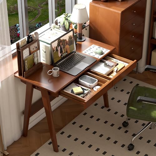 100% Solid Rubber Wood Desk Home Office Desk Mid Century Modern Writing Computer Desk with Drawer for Home Office 39" - color: Teak-rubberwood, size: 39.37"W