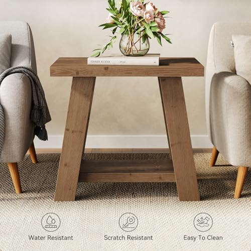 LITTLE TREE Solid Wood End Table, Small Side Table with 2-Tier Storage Shelf for Living Room, Rectangular Side Table for Couch, Bedside Table for Bedroom, Easy Assembly