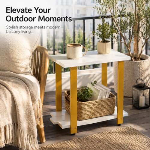 Transitional Narrow End Table, 2-Tier Rustic Side Table with Storage Shelves, Modern Farmhouse Industrial Nightstand for Living Room, Bedroom, Small Spaces, Couch, White/Gold - color: White+gold
