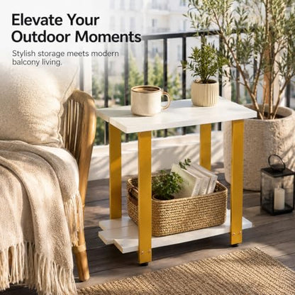 Transitional Narrow End Table, 2-Tier Rustic Side Table with Storage Shelves, Modern Farmhouse Industrial Nightstand for Living Room, Bedroom, Small Spaces, Couch, White/Gold - color: White+gold