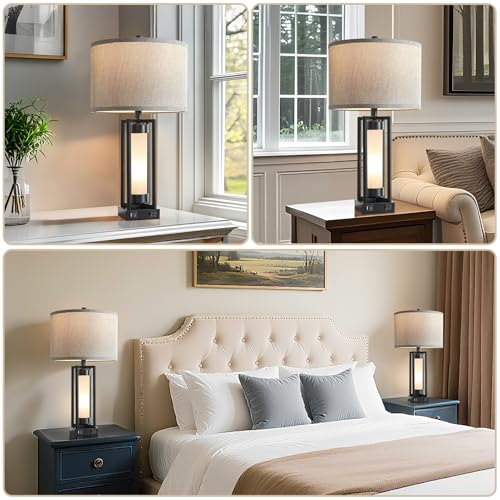 Set of 2 Modern Table Lamps for Living Room with USB C+A Ports | Rustic Nightstand Lamp with White Night Light, Retro Desk Lamp for Bedroom End Table Entryway, 4 Bulb Included (Black) - color: Black
