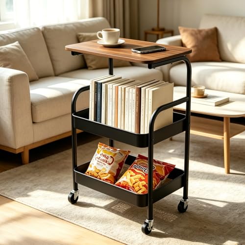 3 Tier Rolling Cart with Walnut Table Top, Sturdy Metal Storage Cart with Lockable Wheels, Multi-Purpose Mobile Shelf for Kitchen, Bedroom, Snacks, Coffee, Craft, Makeup, Garage (Black) - color: Black