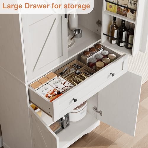 Garvee 71" Kitchen Pantry Cabinet, Barn Door Freestanding Cupboard with Drawer, Sliding Storage Rack, and 6 Hanging Shelves for Kitchen, Dining Room, Living Room Bedroom - color: White