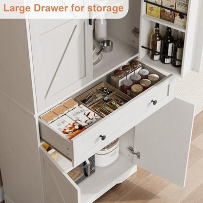 Garvee 71" Kitchen Pantry Cabinet, Barn Door Freestanding Cupboard with Drawer, Sliding Storage Rack, and 6 Hanging Shelves for Kitchen, Dining Room, Living Room Bedroom - color: White