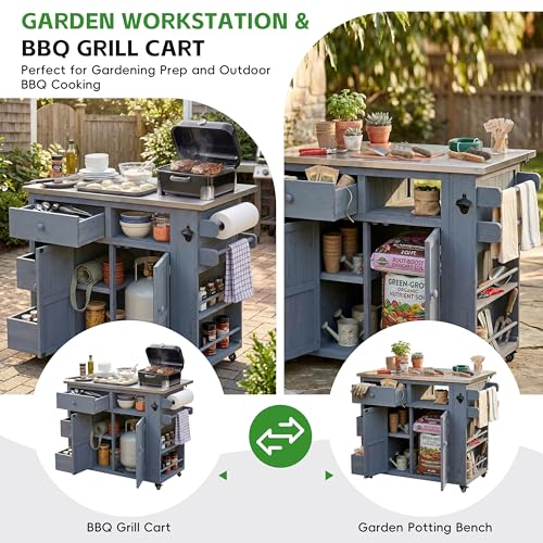 Outdoor Solid Wood Kitchen Island with Storage, 28" Extendable Stainless Steel Top Grill Cart, Rolling BBQ Prep Station with Drawers, Spice Rack, Towel Rack for Backyard, Patio, Camping - color: Grey