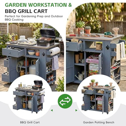 Outdoor Solid Wood Kitchen Island with Storage, 28" Extendable Stainless Steel Top Grill Cart, Rolling BBQ Prep Station with Drawers, Spice Rack, Towel Rack for Backyard, Patio, Camping - color: Grey