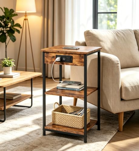 WLIVE End Table with Charging Station, Small Night Stand Rustic Brown | Side Tables with Storage Adjustable Shelf for Small Spaces; Bedside Tables for Living Room, Bedroom - color: Rustic Brown