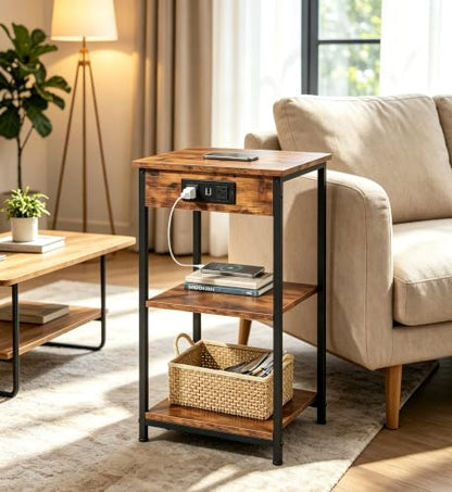 WLIVE End Table with Charging Station, Small Night Stand Rustic Brown | Side Tables with Storage Adjustable Shelf for Small Spaces; Bedside Tables for Living Room, Bedroom - color: Rustic Brown