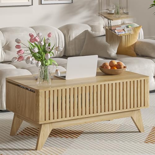 Lift Top Coffee Table with Hidden Compartment, Mid Century Modern Coffee Table for Living Room, Fluted Design Farmhouse Center Table with Storage (Wood, 35.4" W) - color: Wood