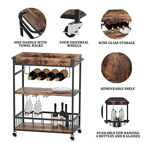 Bar Cart Serving Wine 3 Tier Home Rolling Rack with Wheels Mobile Kitchen Industrial Vintage Style Wood Metal Serving Trolley Serving Cart,Glass Holder Bar Cabinet - size: Rustic Brown, style: Standard