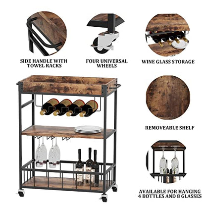 Bar Cart Serving Wine 3 Tier Home Rolling Rack with Wheels Mobile Kitchen Industrial Vintage Style Wood Metal Serving Trolley Serving Cart,Glass Holder Bar Cabinet - size: Rustic Brown, style: Standard