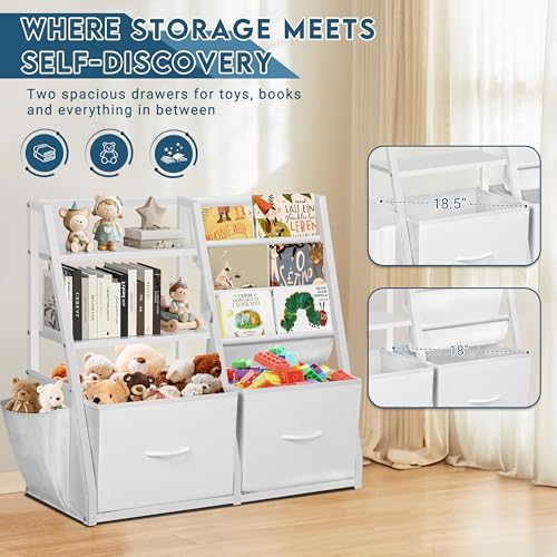 LOFTEY Kids Bookshelf and Toy Storage, Toy Box with Bookshelf, White | 29.5" Child-Friendly Height, 2 Large Fabric Drawers, 4 Sling Book Pockets, Anti-Tip Straps, for Nursery, Bedroom and Playroom