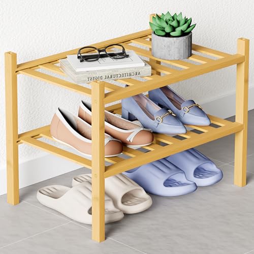 Smiry Bamboo Shoe Rack for Closet, 2 Tier Small Wooden Shoe Organizer, Stackable Wood Shoe Storage Shelf for Entryway, 14 Vertical Slats, One-piece Heavy-Duty Legs, 17.32"x11.02"x12.99", Natural - color: Natural, size: 2 Tier - Small