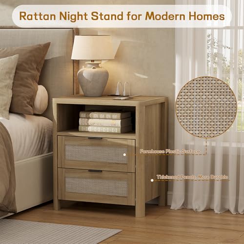 Boho Nightstand with Charging Station, Large Bedside Table with Two Drawers & Open Storage Shelf, Mid-Century Modern End Table Rattan-Look Drawer, Accent Side Table with Rounded Corners for Bedroom - size: 23.6"D x 22"W x 15.74"H(2-Drawers)