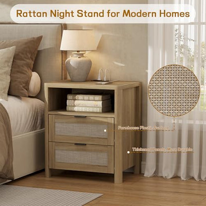 Boho Nightstand with Charging Station, Large Bedside Table with Two Drawers & Open Storage Shelf, Mid-Century Modern End Table Rattan-Look Drawer, Accent Side Table with Rounded Corners for Bedroom - size: 23.6"D x 22"W x 15.74"H(2-Drawers)