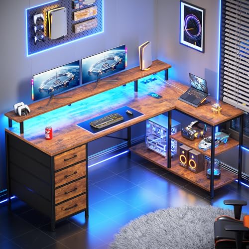SEDETA L Shaped Desk with 4 Drawers, Shelves, Power Outlets, Rustic Brown | L Shaped Gaming Desk with LED Lights , Computer Desk with Shelves & Drawer, Corner Desk Home Office Desk - color: Rustic Brown