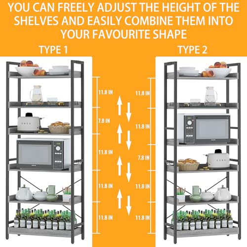 HCHQHS 6 Tier Bookshelf, Adjustable Industrial Bookcase, Vertical Tall Book Shelf, Wood and Black Metal Open Bookshelves for Home Office, Living Room, Bedroom - color: Grey, size: 6-Tier (24"W x 70"H)