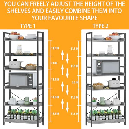 HCHQHS 6 Tier Bookshelf, Adjustable Industrial Bookcase, Vertical Tall Book Shelf, Wood and Black Metal Open Bookshelves for Home Office, Living Room, Bedroom - color: Grey, size: 6-Tier (24"W x 70"H)
