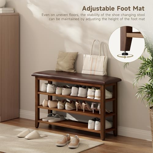 Shoe Bench with Leather Cushion,Rubberwood Bench with Shoe Rack | 3-Tier Shoe Storage Organizer for Entryway,Hallway,Living Room - size: 3-Tier-39.4"