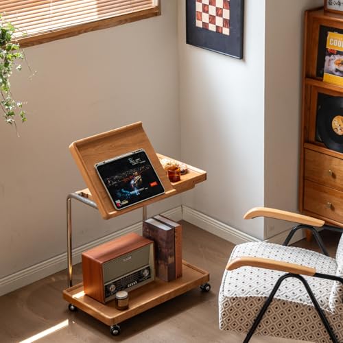YESWOOD Adjustable C-Shaped Couch Table with Lockable Wheels – Rolling Small Space Side Table, Solid Wood End Table for Sofa, Bed & Living Room(Natural,16.41" D x 24.4" W x 24.52" H) - color: Natural