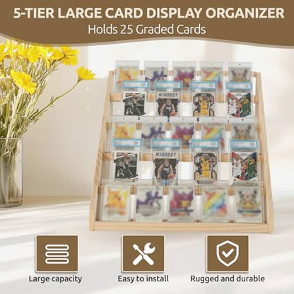 Wooden Trading Card Display Stand – 5-Tier Card Display Holder for 35pt Magnetic Cases, Graded Tabletop Display Stand,Sports PSA Card Show Display Case for Baseball, Football Cards Collection(Natural)