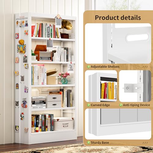 70.9" H Metal Bookshelf, Adjustable Bookcase, 5-Tier Heavy Duty Bookshelf with Bookend, Tall Bookshelves, Bookcase Shelf for Living Room, Office, Library,Classroom (White-108.3W) - color: White, size: 108.3" Wide