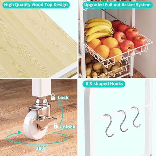 HapiRm Rolling Kitchen Microwave Cart - 4 Tier Microwave Table Stand with Pull-Out Baskets, Coffee Bar Baker's Rack with Wheels Rolling Storage Cart Organizer Shelf for Living Room Office, Balcony - color: White