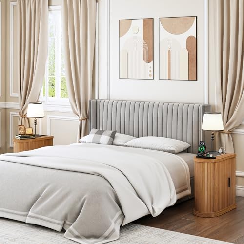 Small End Table, Narrow Side Table, Skinny Nightstand with Charging Station, Mid-Century Modern Curved Fluted Bedside Table with Door and Shelf for Small Spaces,Living Room, Bedroom, Walnut, Set 2 - style: Mid-Century Modern-2PC