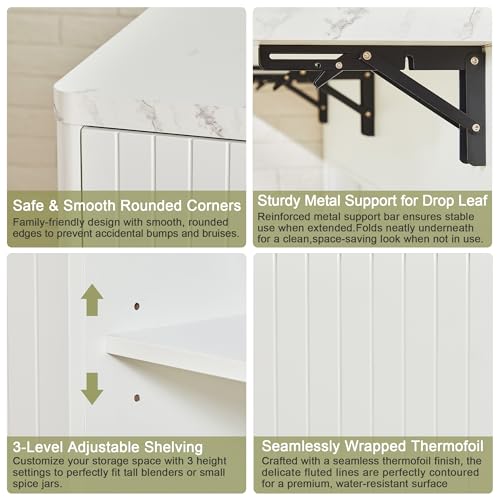weselon 47" Mobile Kitchen Island with Storage, Rolling Kitchen Cart with Drop Leaf, Kitchen Island on Wheels with 2 Drawers & Adjustable Shelves, Towel Rack & Hooks, Faux Marble Top (White)