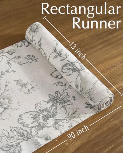 jinchan Grey Floral Linen Table Runner 13 x 90 Inch Farmhouse | Neutral botanical details bring warmth to family dinners, celebrations and everyday dining spaces. - color: Peony | Grey on Linen, size: 90" x 13" (Rectangular)