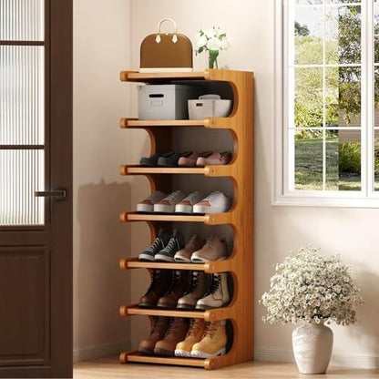 7-Tier Vertical Shoe Rack, Bamboo Free Standing Shoe Rack Shelf, Shoe Storage Stand, Entryway Shoe Tower, Vertical Shoe Organizer for Narrow Closet, Entryway, Hallway - color: Brown