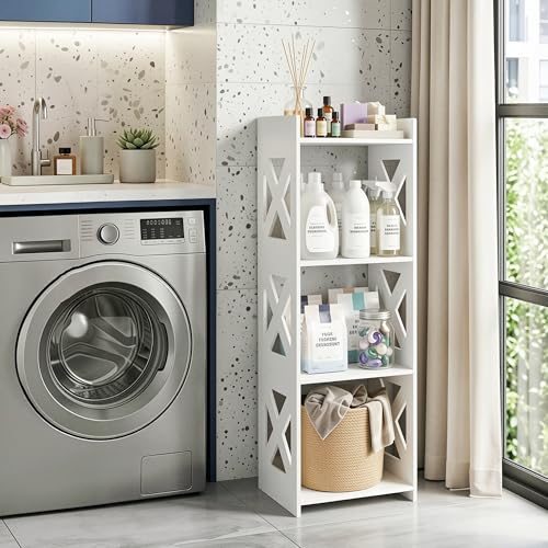 4-Tier Narrow Corner Bathroom Floor Stand, Waterproof PVC, White | Storage Shelf, Rack, Holder, Fits Tight Spaces, for Toilet Side, Laundry, Shower, Kitchen Spice Rack, Easy to Clean, 37”H - size: 4 Tier