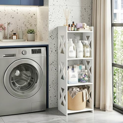 4-Tier Narrow Corner Bathroom Floor Stand, Waterproof PVC, White | Storage Shelf, Rack, Holder, Fits Tight Spaces, for Toilet Side, Laundry, Shower, Kitchen Spice Rack, Easy to Clean, 37”H - size: 4 Tier