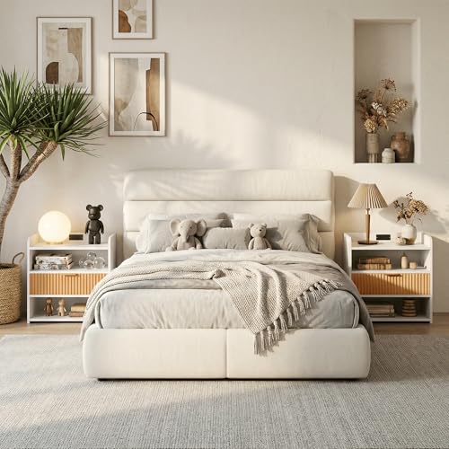 ZIFTY Fluted Nightstand with Charging Station, White Bedside Table with Drawer and Storage Shelves Modern End Table Side Table for Bedroom Living Room, Night Stand Bedroom Furniture Apartment Decor