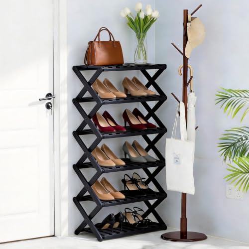 6 Tier Bamboo Shoe Rack Black,Portable Folding Shoe Storage Rack,Without Installation Small Shoe Rack Perfect for Corridors, Drom, Bedrooms and Small Spaces - color: Black, size: 6 Tier