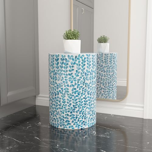 PEMAR Mother of Pearl Inlaid Cylinder Drum End Table Nacre Capiz Shell Side Table Stool Drum Accent Table Coffee Bedside Side Table Round Nightstand and Vanity Stool (Teal Floral) - color: Teal Floral
