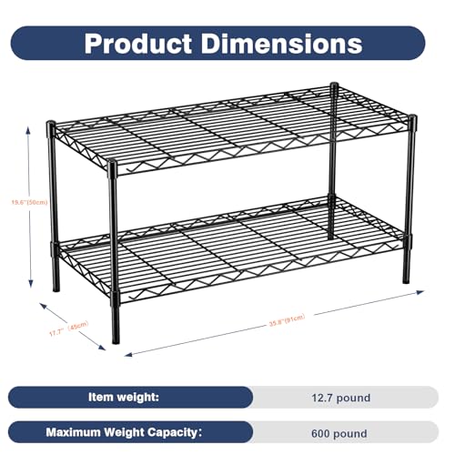 2 Tier Wire Shelf,Black Adjustable Metal Storage with Wheels | Heavy Load Capacity 600 lbs,Height Adjustable Design,35.8"Wx17.7Dx19.6H,Lockable 360°Wheels,Large Storage Space - size: 2-Tier,36"x18"x19.5"(WxDxH)