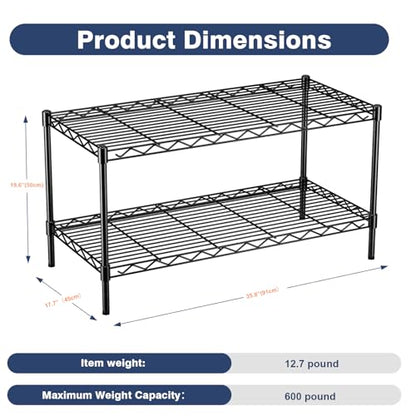 2 Tier Wire Shelf,Black Adjustable Metal Storage with Wheels | Heavy Load Capacity 600 lbs,Height Adjustable Design,35.8"Wx17.7Dx19.6H,Lockable 360°Wheels,Large Storage Space - size: 2-Tier,36"x18"x19.5"(WxDxH)
