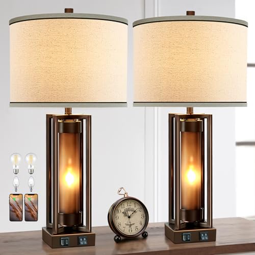 Farmhouse Table Lamps for Living Room Set of 2 with USB C+A Ports | Farmhouse Vintage Nightstand Lamp with Amber Night Light, Retro Desk Lamp for Bedroom, Bulbs Included (Brown) - color: Brown
