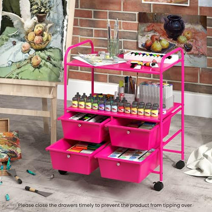GOFLAME 4-Drawer Rolling Storage Cart with 2 Shelves, Mobile Utility Cart with Removable Drawers and Metal Frame, Art Craft Drawer Cart with Lockable Wheels for Home, Office, School, Studio, Hot Pink - color: Hot Pink