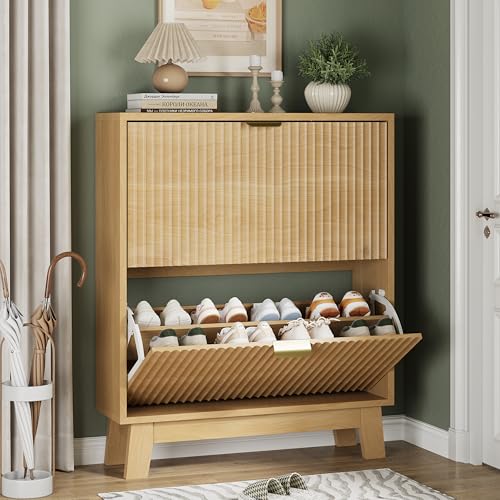 Xixini Shoe Cabinet with 2 Flip Drawers, 37" Tall Narrow Fluted Shoe Storage Organizer for Entryway, Hidden Slim Wooden Shoe Rack Cabinet for Front Door Entrance, Hallway, Living Room, Natural Oak - color: Natural Oak, size: 2 Flip Drawers