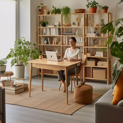 100% Solid Oak Wooden Desk Home Office Desk Mid Century Modern Writing Computer Desk with Drawer for Home Office 35" - color: Natural-oak With 1 Drawer, size: 35"W