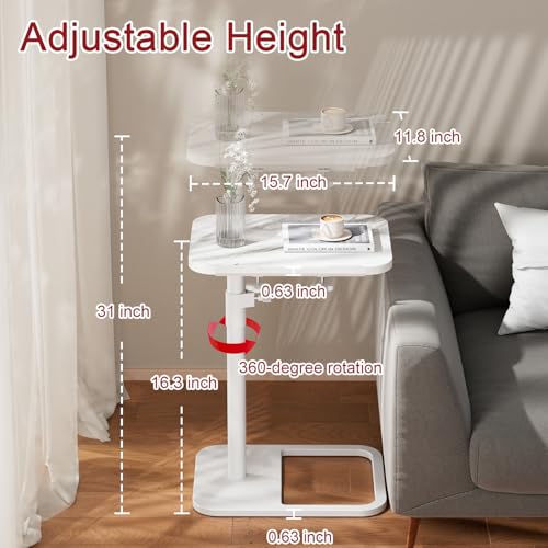GOYLSER Adjustable Height Sofa C Table, 360° Swivel/180° Flip-Over Panel Side Table with Tablet Slots for Small Spaces, Morden TV Tray Couch Tables for Dinner Eating (White Marble) - color: White Marble, style: Tilt C Table