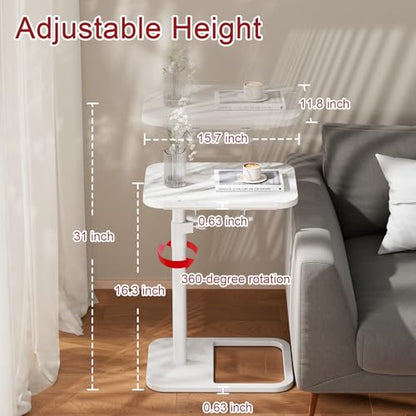 GOYLSER Adjustable Height Sofa C Table, 360° Swivel/180° Flip-Over Panel Side Table with Tablet Slots for Small Spaces, Morden TV Tray Couch Tables for Dinner Eating (White Marble) - color: White Marble, style: Tilt C Table