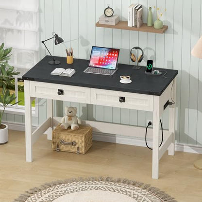 YOMILUVE Farmhouse Computer Desk with 2 Drawers, 39 Inch Small Office Computer Desk with Power Outlets, Compact Writing Study Vanity Desk for Small Spaces, Black and White - color: Black and White