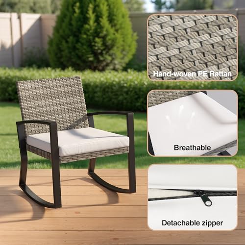 Qsun 3 Pieces Outdoor Patio Furniture Set Rocking Bistro Set, Outdoor Patio Furniture Set with Coffee Table for Garden Balcony Backyard Poolside (Light Grey Cushion) - color: Light Grey