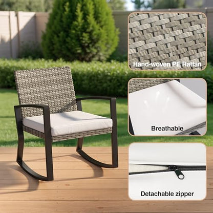Qsun 3 Pieces Outdoor Patio Furniture Set Rocking Bistro Set, Outdoor Patio Furniture Set with Coffee Table for Garden Balcony Backyard Poolside (Light Grey Cushion) - color: Light Grey