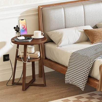 HOOBRO Round Side Table with Charging Station, Round Accent End Table with Bamboo Legs for Living Room, Bedroom, Brown, BR101UBZ01 - color: Brown