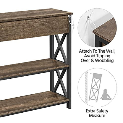 Topeakmart Industrial Console Table Sofa Table with Storage for Entryway, 3 Tier Console Table with Drawer Sturdy Hallway Table for Living Room, X Design, Taupe Wood - color: Taupe Wood, style: without Power Outlet