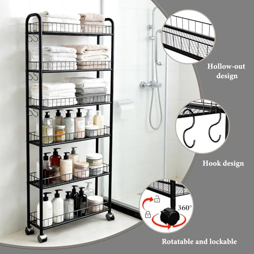 6in 6 Tier Slim Storage Cart with Wheels, Narrow Space Rolling Shelving Unit, Metal Wire Mobile Organizer Rack for Kitchen Bathroom Office Laundry - size: 6in Black Cart